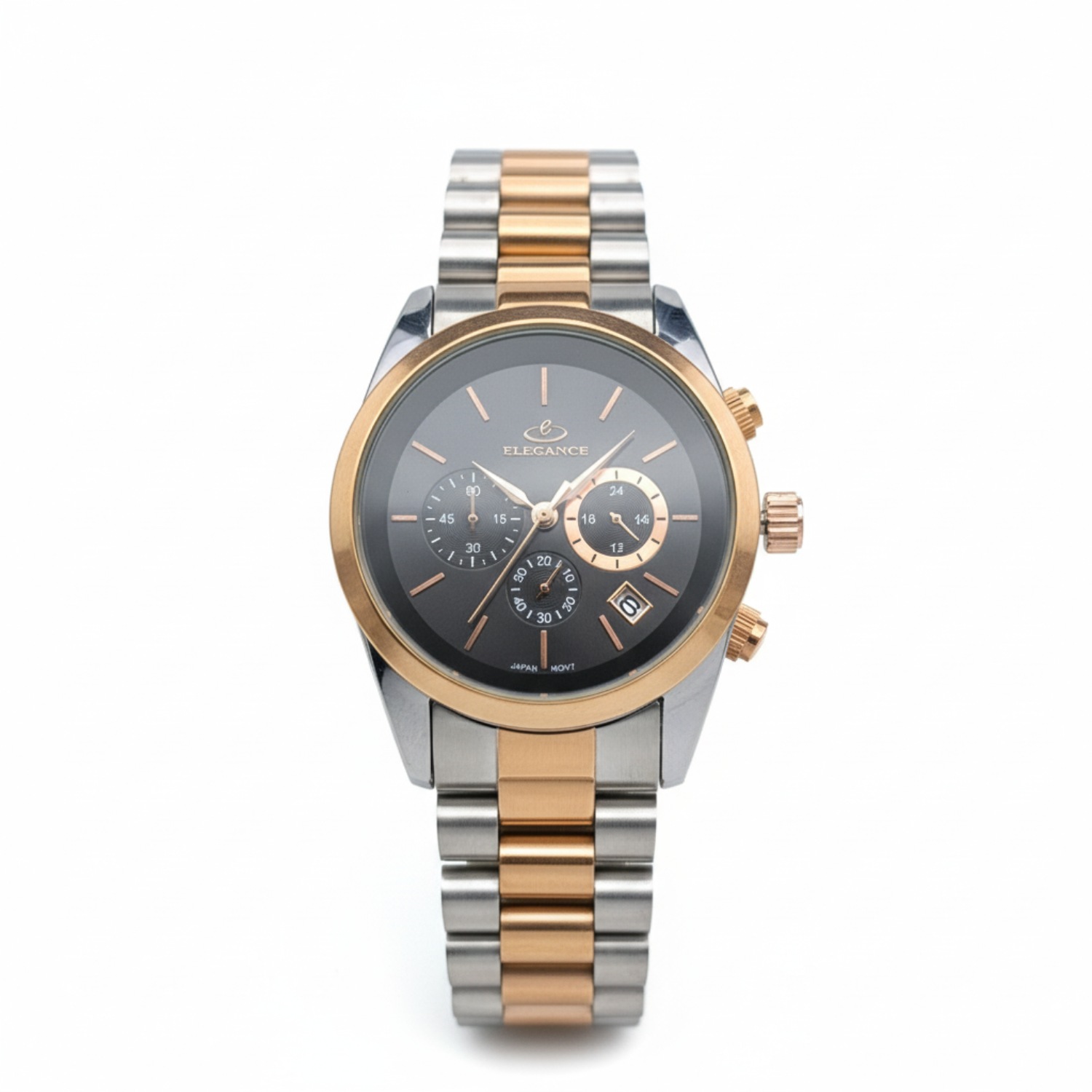 ساعت الگانس دو رنگ رزگلد صفحه مشکی طرح سه موتور 7523 زنانه