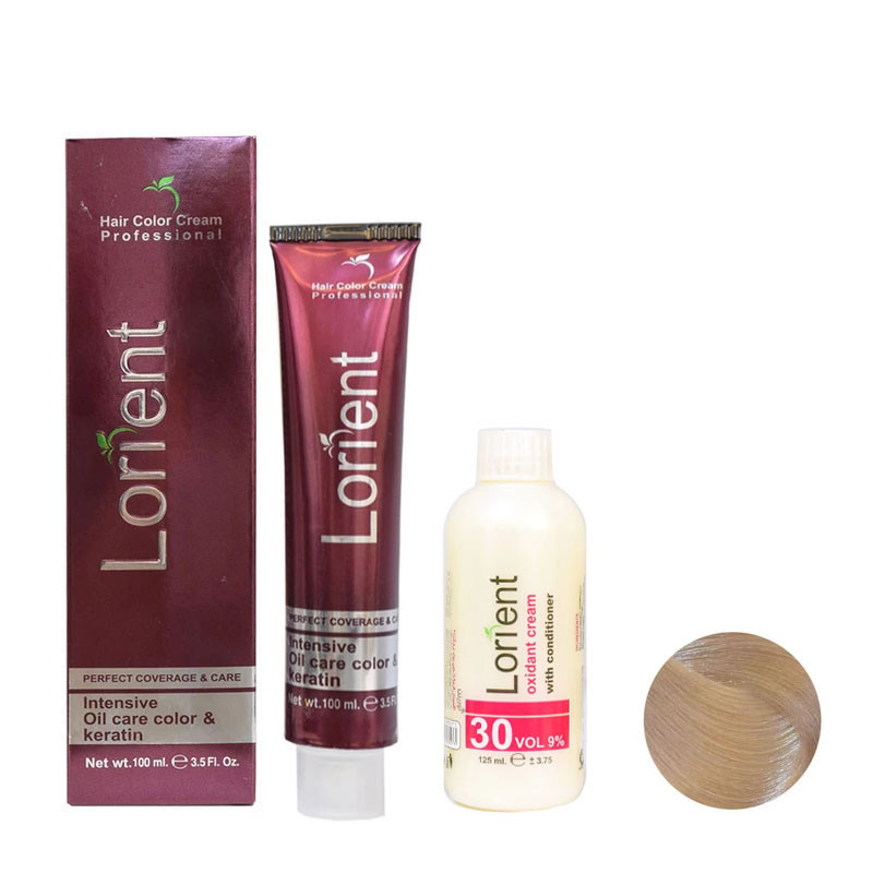 رنگ مو لورینت شماره C9 حجم 100 میلی لیتر رنگ بلوند نقره ای به همراه اکسیدان مدل 2 نه درصدی حجم 125 میلی لیتر