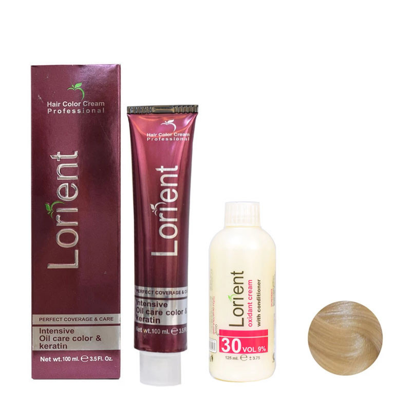 رنگ مو لورینت شماره 9.8 حجم 100 میلی لیتر رنگ بلوند بژ خیلی روشن به همراه اکسیدان مدل 2 نه درصدی حجم 125 میلی لیتر