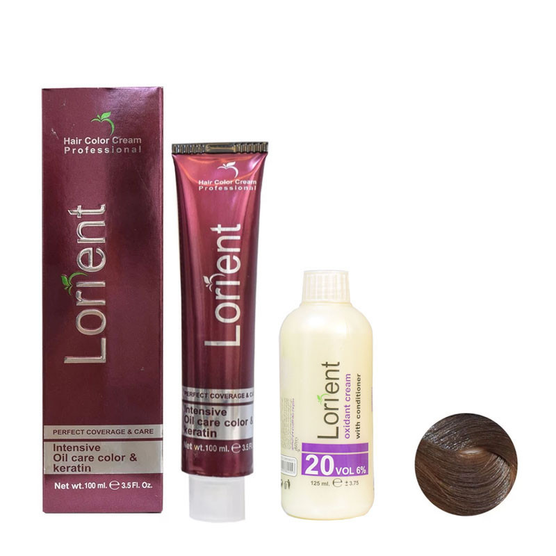 رنگ مو لورینت شماره W3 حجم 100 میلی لیتر رنگ قهوه ای شکلاتی متوسط به همراه اکسیدان مدل 1 شش درصدی حجم 125 میلی لیتر