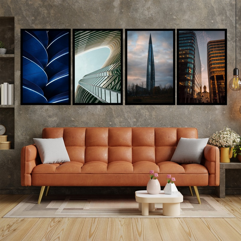 تابلو بکلیت طرح مدرن برج و ساختمان شهر منظره شهری مدل B-bu3710 مجموعه 4 عددی