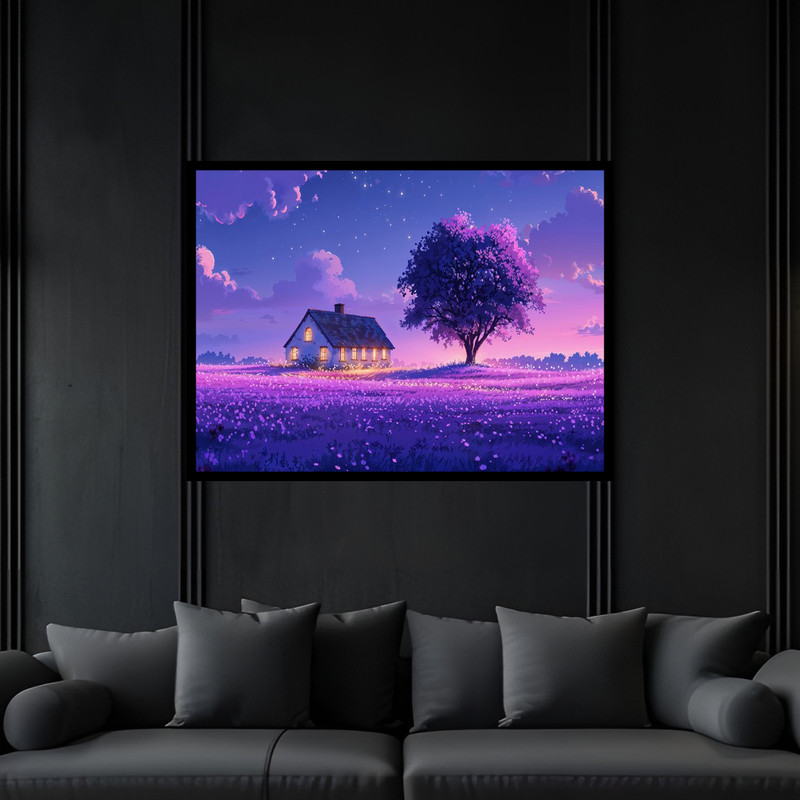 تابلو بکلیت طرح هنری منظره طبیعت درخت کلبه جنگلی و دشت گل  مدل B-bu6620 فریم مشکی