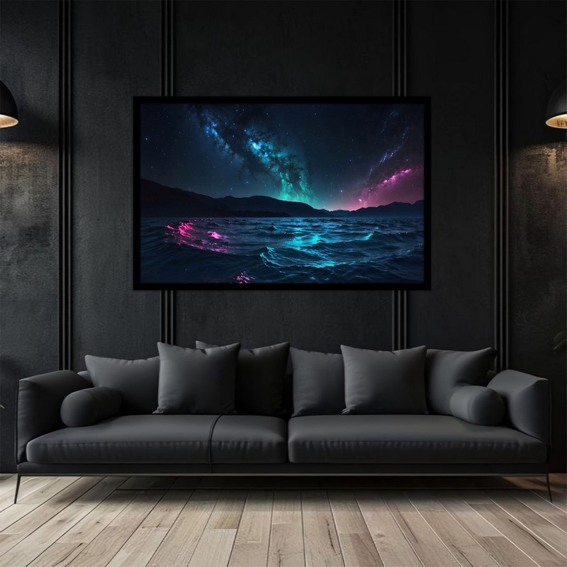 تابلو بکلیت طرح تصویر هنری ترکیبی شفق قطبی فضا و کهکشان و دریا مدل B-bu5313