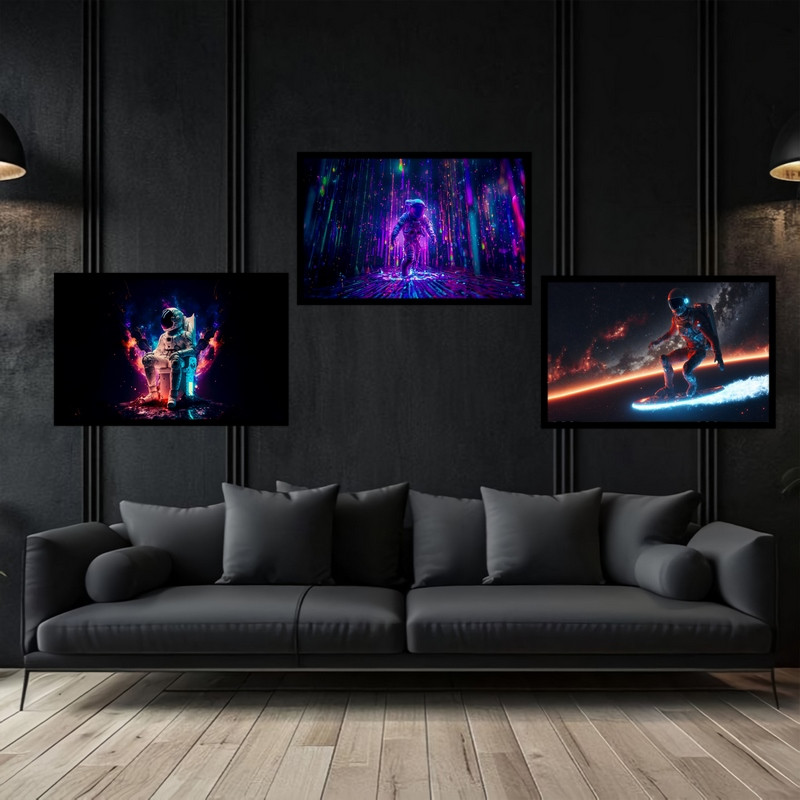 تابلو بکلیت طرح دکوراتیو نقاشی و هنر دیجیتال فضا و کهکشان فضا نورد مدل B-bu3730 مجموعه 3 عددی