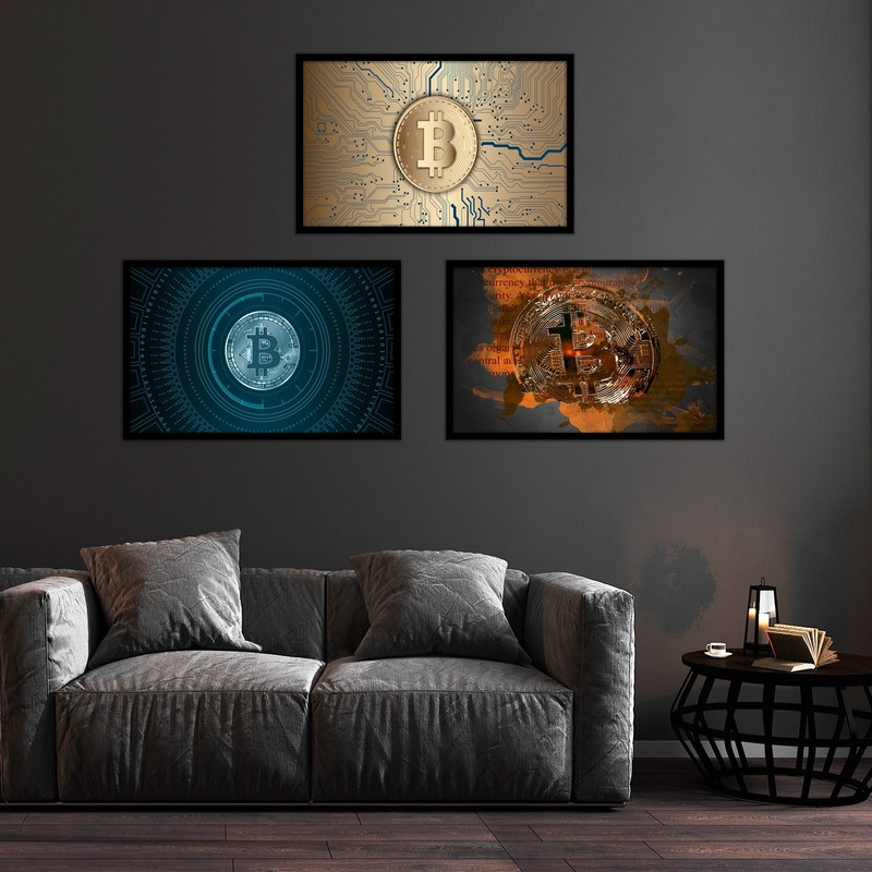 تابلو بکلیت طرح تصویر بیت کوین و ترید و بازار ارزدیجیتال مدل B-bu3722 مجموعه 3 عددی