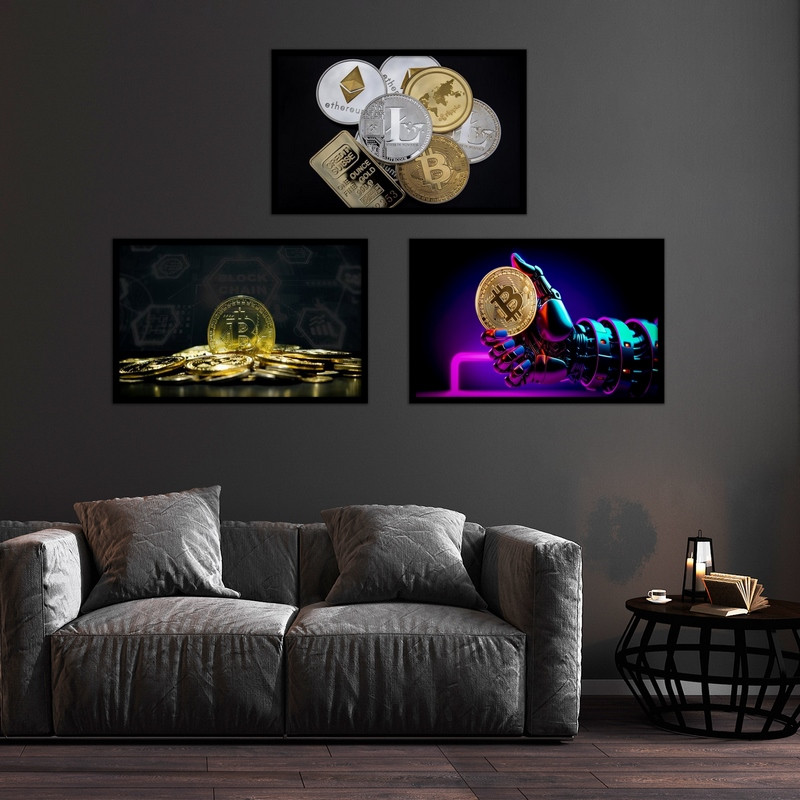 تابلو بکلیت طرح تصویر بیت کوین و ارز دیجیتال و ترید سرمایه گذاری مدل B-bu3725 مجموعه 3 عددی