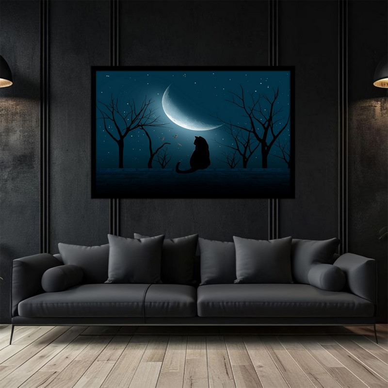تابلو بکلیت طرح نقاشی و هنری دیجیتال گربه شب و ماه مدل B-bu5092