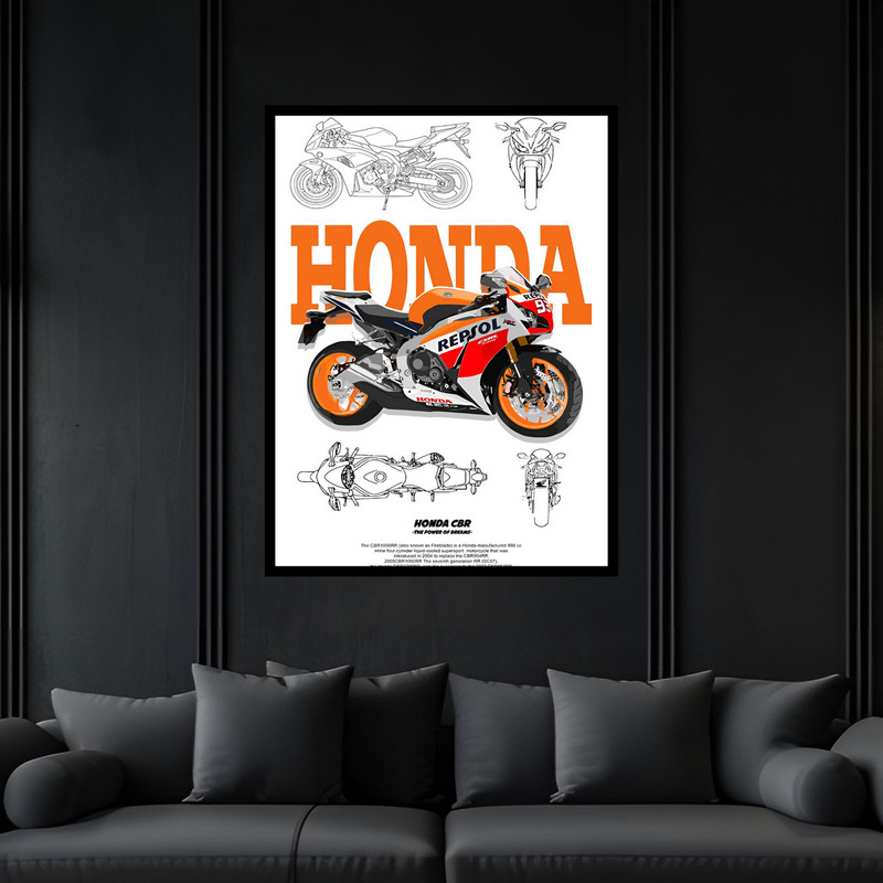 تابلو بکلیت طرح دکوراتیو مدرن موتورسیکلت هندا رپسول مدل B-bu6934 فریم مشکی