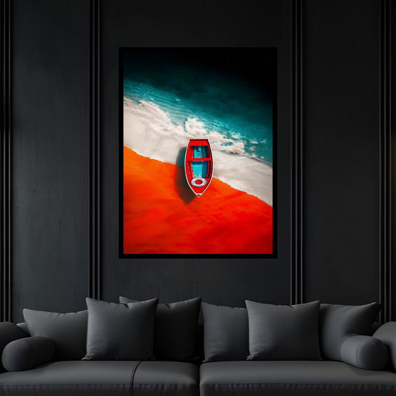 تابلو بکلیت طرح دکوراتیو دریا و ساحل و قایق مدل B-bu6080 فریم مشکی