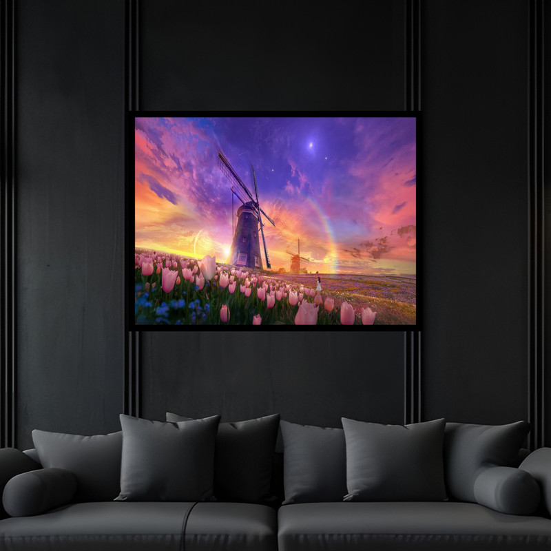 تابلو بکلیت طرح هنری منظره طبیعت و آسیاب بادی و دشت گل مدل B-bu6625 فریم مشکی