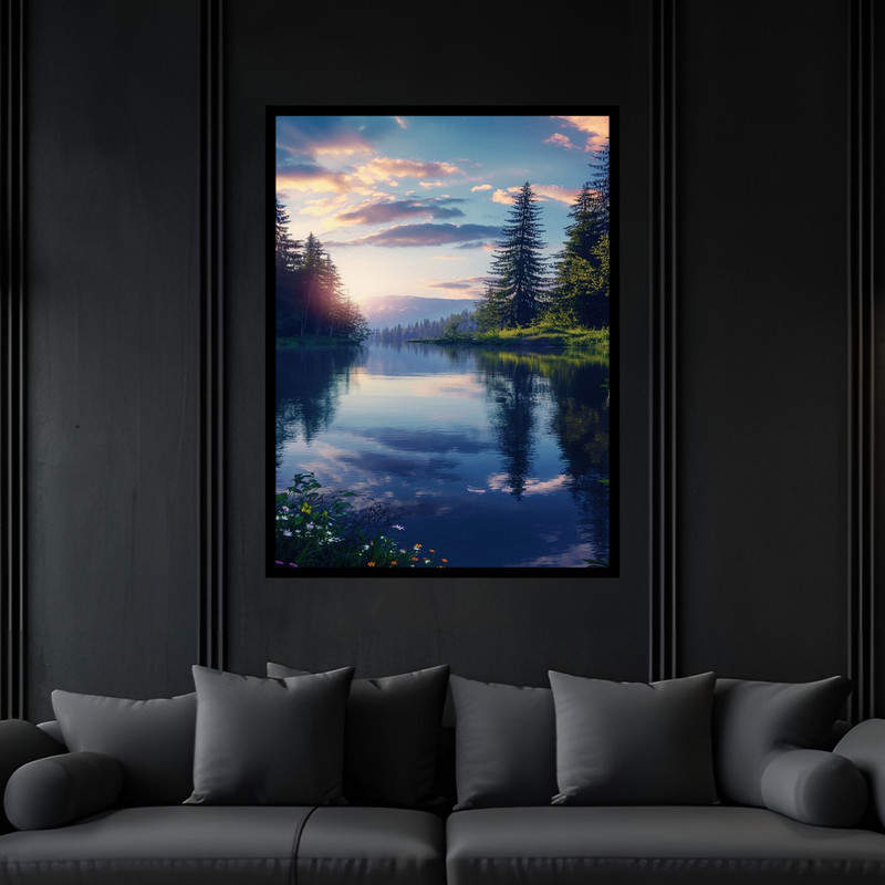 تابلو بکلیت طرح هنری منظره طبیعت و جنگل دریا رودخانه  مدل B-bu6076 فریم مشکی