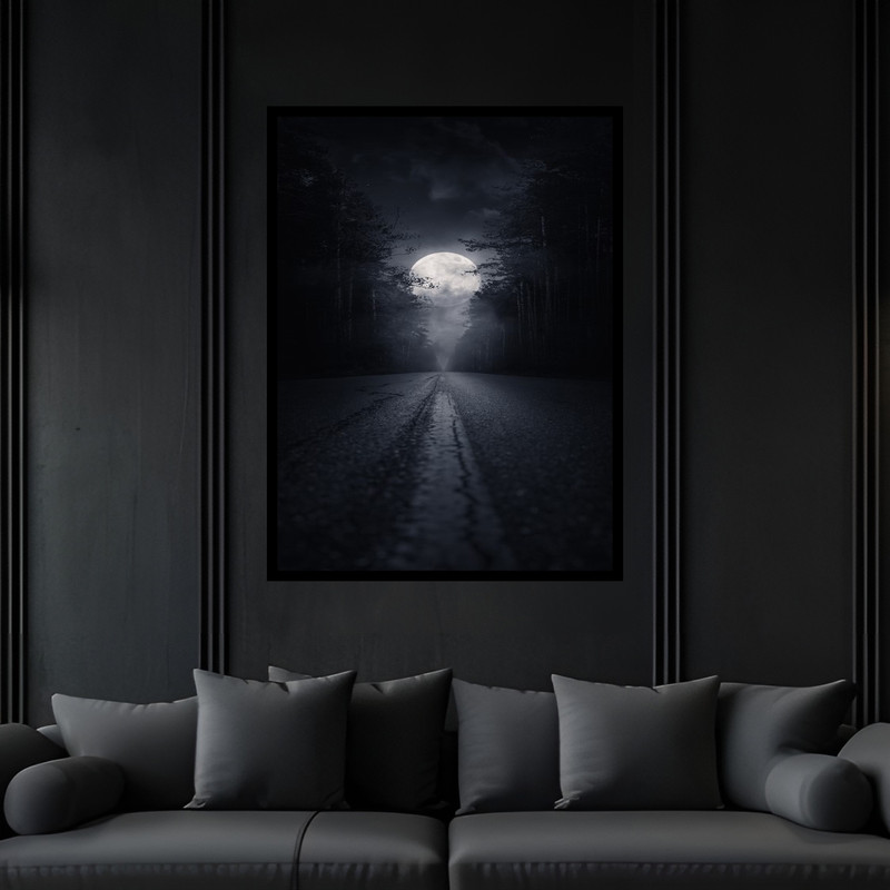 تابلو بکلیت طرح دکوری هنری منظره جاده و آسمان شب و سیاره ماه و ستاره مدل B-bu5947 فریم مشکی