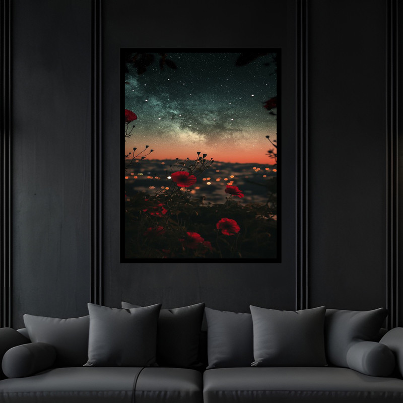 تابلو بکلیت طرح هنری مدرن دکوراتیو آسمان شب و ستاره و طبیعت شاخه گل مدل B-bu6406 فریم مشکی