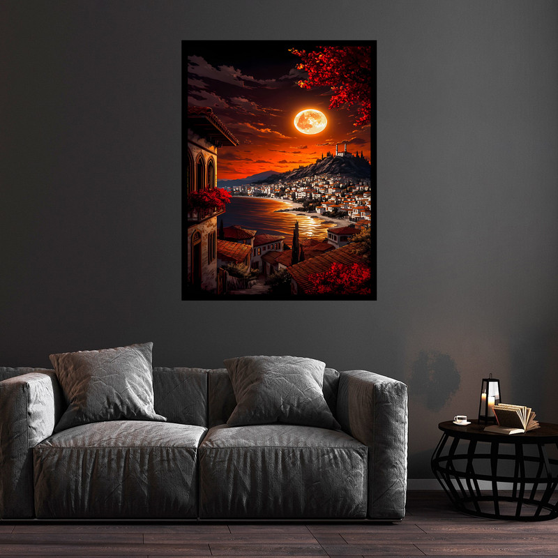 تابلو بکلیت طرح هنری دکوری ماه و منظره شهری مدل B-bu5719 فریم مشکی