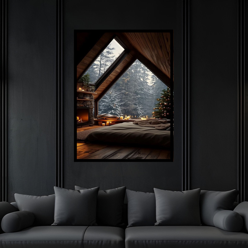 تابلو بکلیت طرح منظره طبیعت جنگل و کلبه چوبی مدل B-bu6181 فریم مشکی