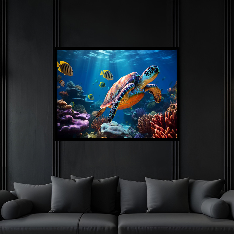 تابلو بکلیت طرح دکوری طبیعت زیر دریا ماهی لاک پشت مدل B-bu6557 فریم مشکی