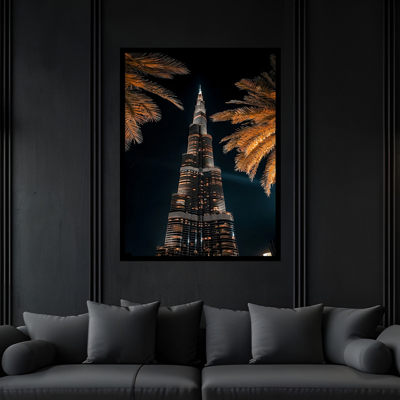تابلو بکلیت طرح دکوراتیو منظره شهر دبی برج خلیفه مدل B-bu7077 فریم مشکی