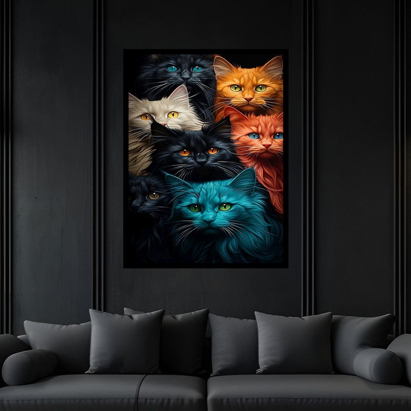 تابلو بکلیت طرح دکوراتیو فانتزی هنری گربه رنگی مدل B-bu7008 فریم مشکی
