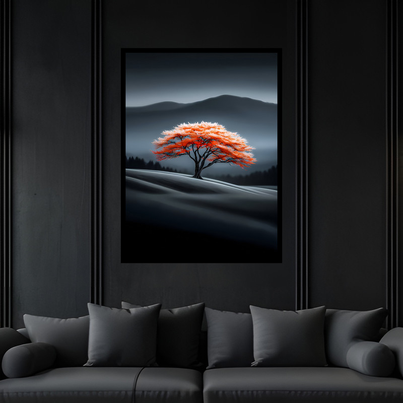 تابلو بکلیت طرح دکوراتیو طبیعت مینیمال تک درخت مدل B-bu7277 فریم مشکی