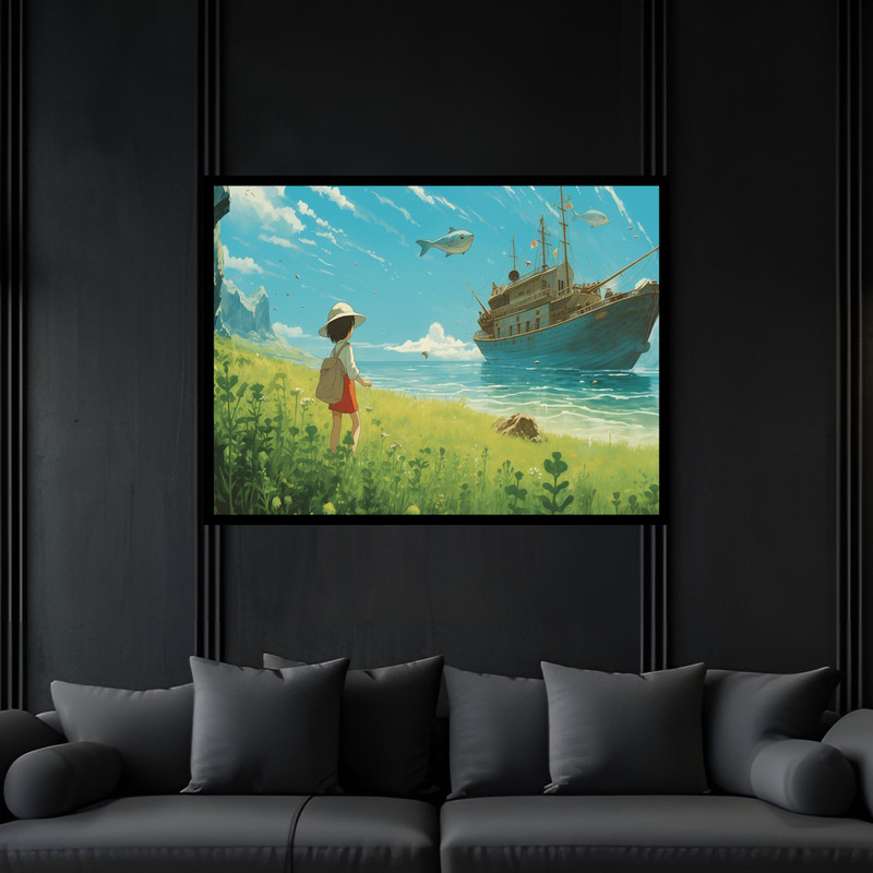 تابلو بکلیت طرح کودک فانتزی تخیلی و دکوری کارتونی دریا و کشتی قایق  مدل B-bu6581 فریم مشکی