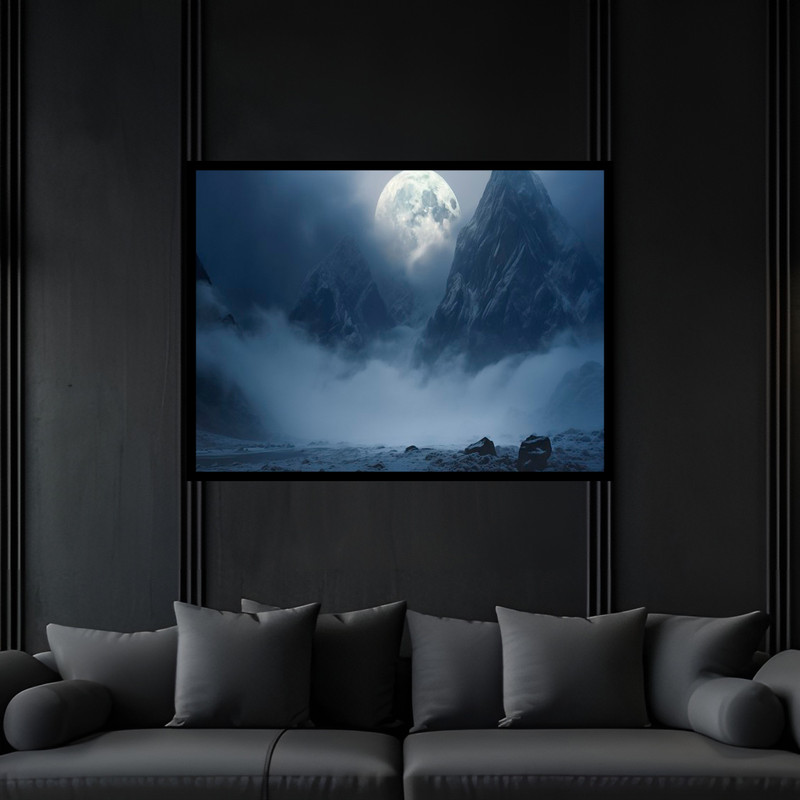 تابلو بکلیت طرح  هنری دکوراتیو آسمان و کره ماه کوه و کوهستان مدل B-bu6572 فریم مشکی