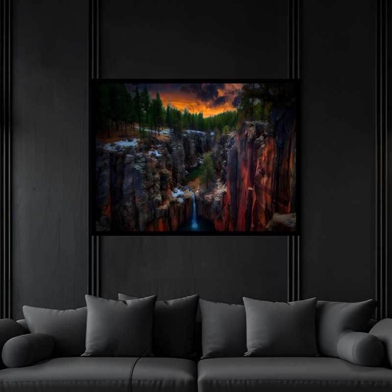 تابلو بکلیت طرح دکوری طبیعت جنگل درخت و صخره آبشار  مدل B-bu6567 فریم مشکی