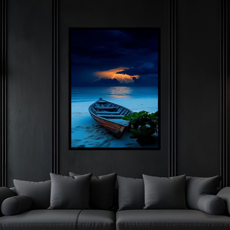 تابلو بکلیت طرح دکوری دریا ساحل و قایق مدل B-bu6411 فریم مشکی