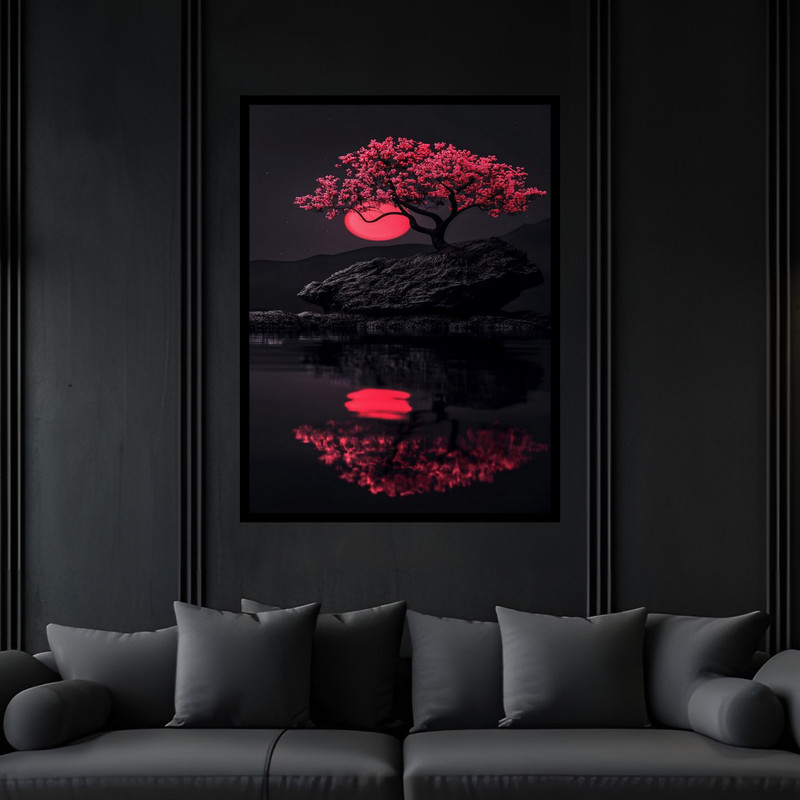تابلو بکلیت طرح هنری مدرن منظره طبیعت و تک درخت مدل B-bu6025 فریم مشکی