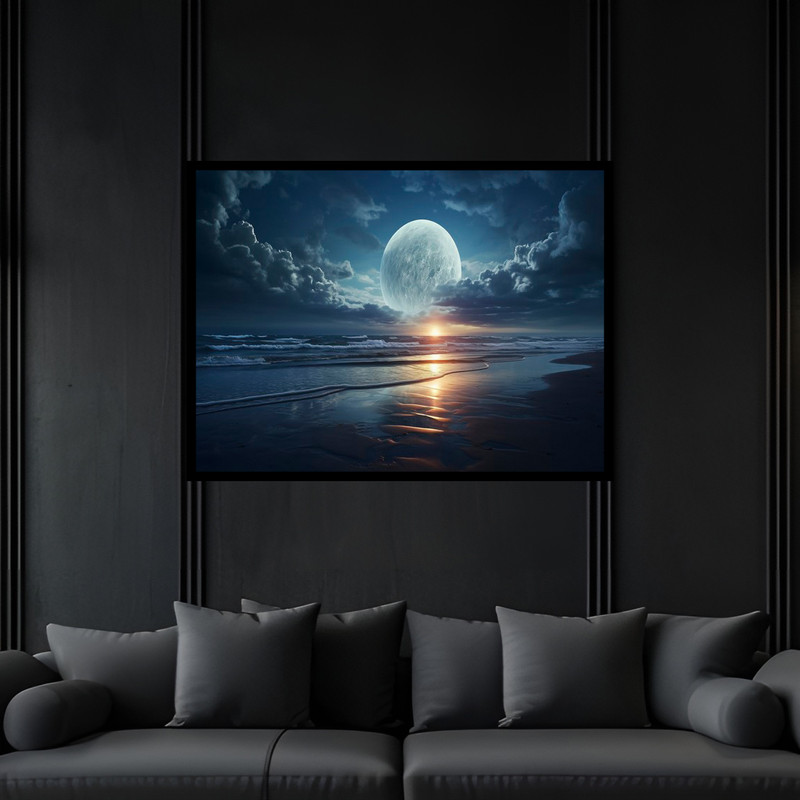تابلو بکلیت طرح هنری مدرن دریا ساحل و آسمان و کره ماه مدل B-bu6641 فریم مشکی