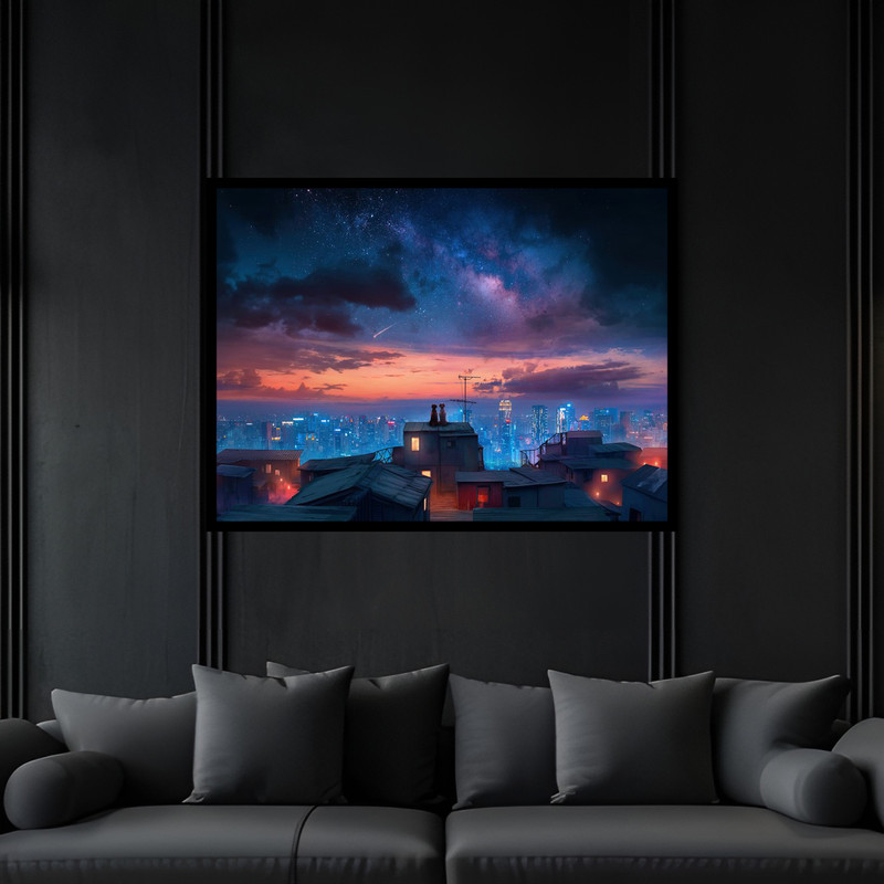 تابلو بکلیت طرح منظره شهری آسمان و ستاره مدل B-bu6637 فریم مشکی