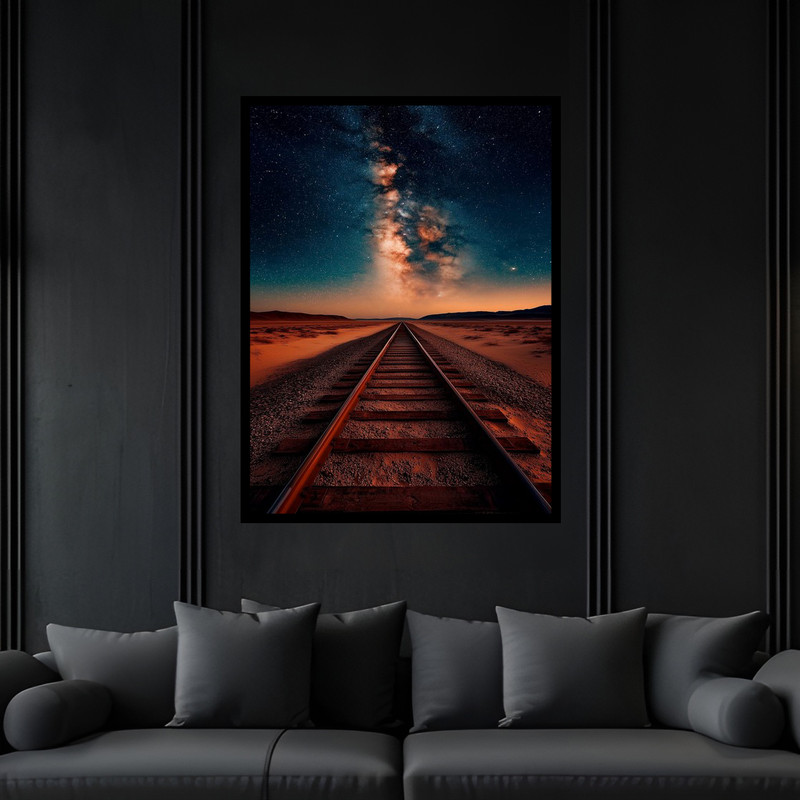 تابلو بکلیت طرح ریل قطار آسمان ستاره و کهکشان مدل B-bu6314 فریم مشکی