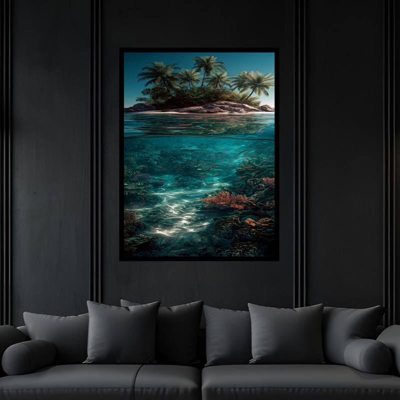 تابلو بکلیت طرح دکوراتیو دریا و ساحل و جزیره و درخت نارگیل مدل B-bu6458 فریم مشکی