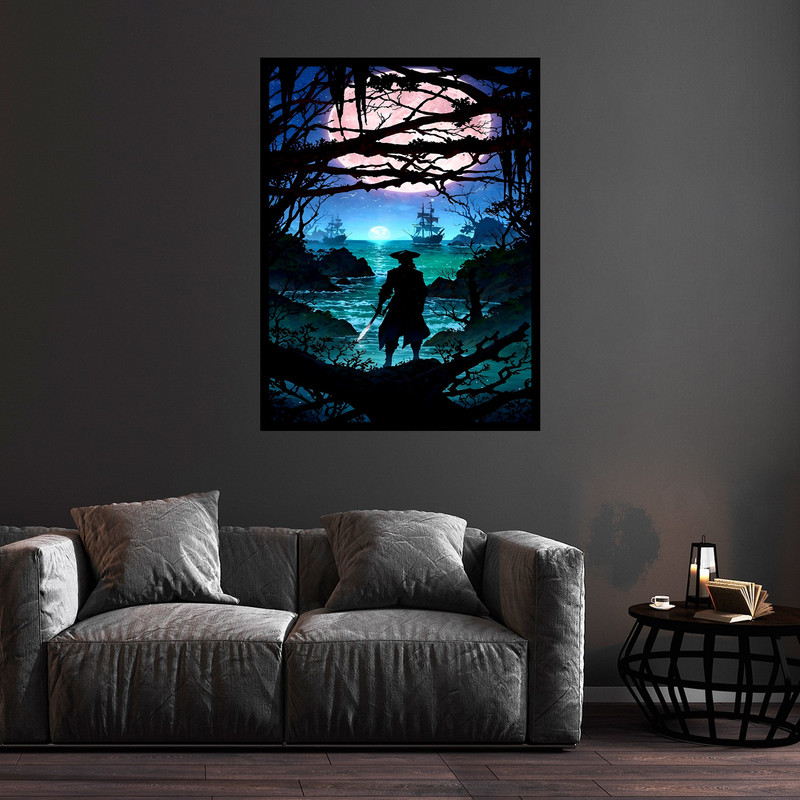 تابلو بکلیت طرح نقاشی دکوری هنری کشتی و دریا مدل B-bu5698 فریم مشکی