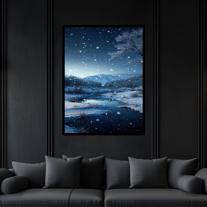 تابلو بکلیت طرح هنری دکوری منظره طبیعت زمستانی برفی مدل B-bu6218 فریم مشکی