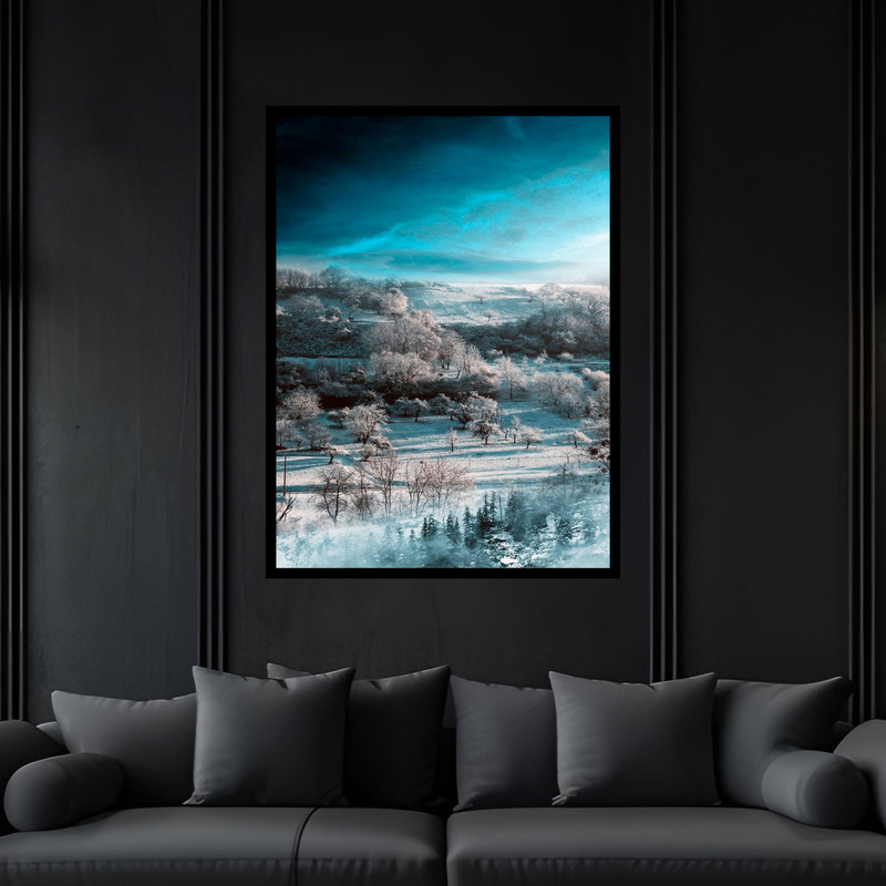 تابلو بکلیت طرح دکوراتیو منظره زمستانی برفی طبیعت جنگل و کوه و کوهستان مدل B-bu5933 فریم مشکی