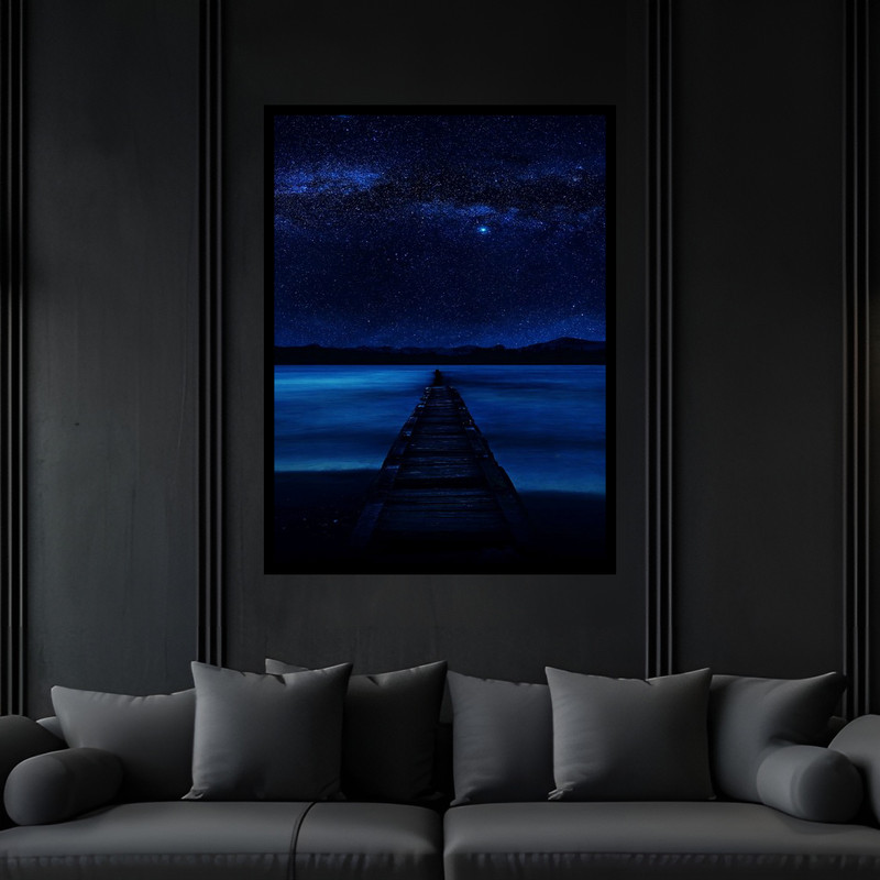 تابلو بکلیت طرح هنری دکوری پول چوبی و آسمان شب کهکشان و ستاره مدل B-bu6866 فریم مشکی