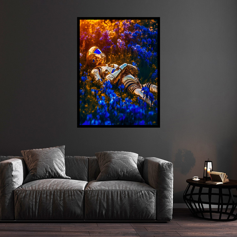 تابلو بکلیت طرح هنری فانتزی فضانورد و دشت گل مدل B-bu5634 فریم مشکی