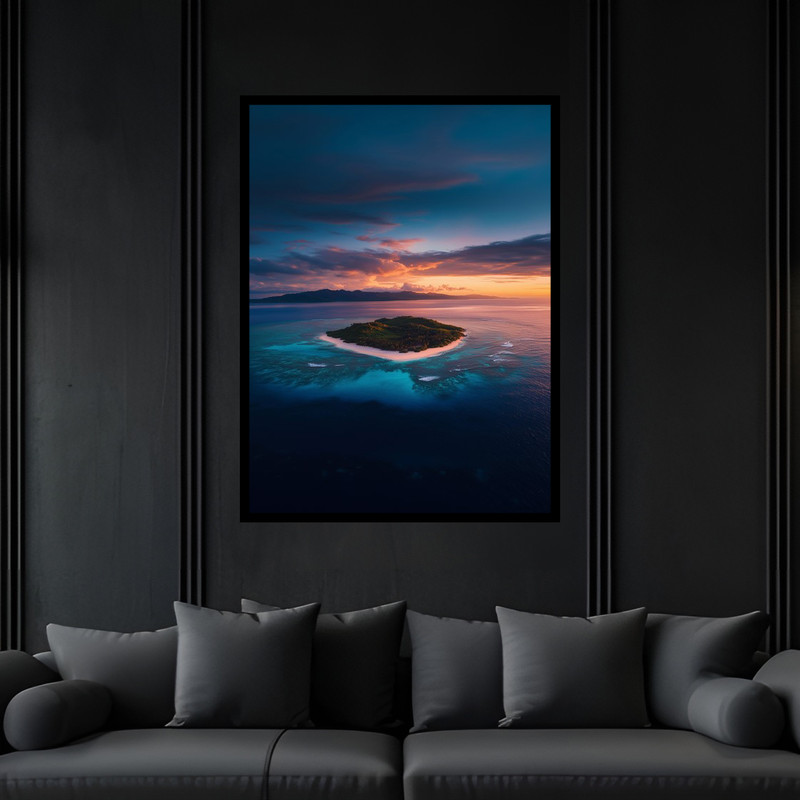 تابلو بکلیت طرح هنری دکوری منظره غروب آفتاب دریا و جزیره مدل B-bu5943 فریم مشکی