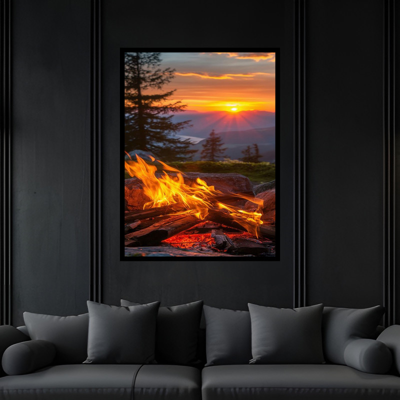 تابلو بکلیت طرح هنری منظره طبیعتو آتش هیزم مدل B-bu6105 فریم مشکی