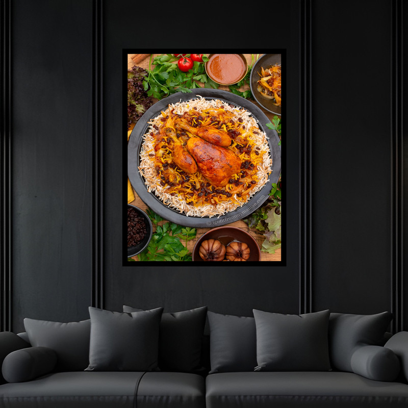 تابلو بکلیت طرح رستوران غذای سنتی ایرانی چلو مرغ مدل B-bu7047 فریم مشکی