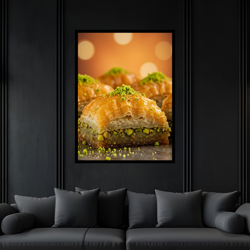 تابلو بکلیت طرح کافه و کافی شاپ کیک و شیرینی سنتی باقلوا مدل B-bu7514 فریم مشکی