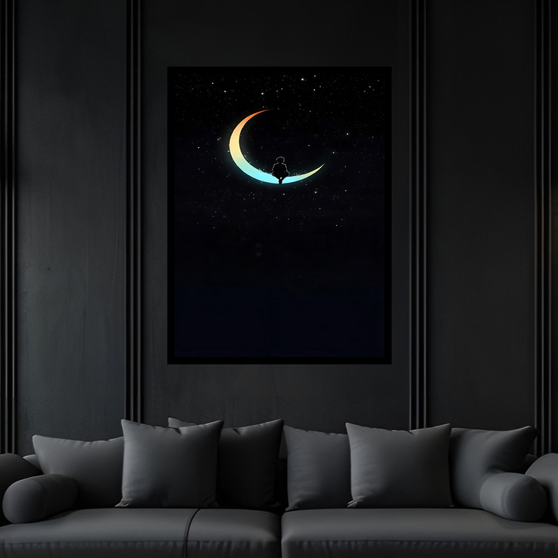 تابلو بکلیت طرح دکوراتیو هنری آسمان شب ستاره و هلال ماه مدل B-bu7167 فریم مشکی