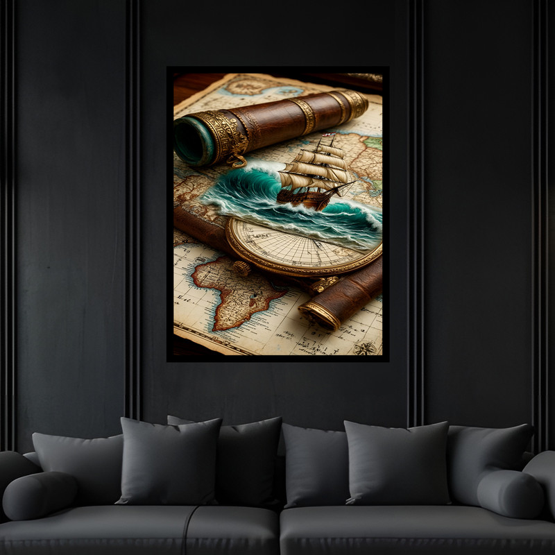 تابلو بکلیت طرح کلاسیک نوستالژی قطب نما و نقشه تاریخی قدیمی مدل B-bu7170 فریم مشکی