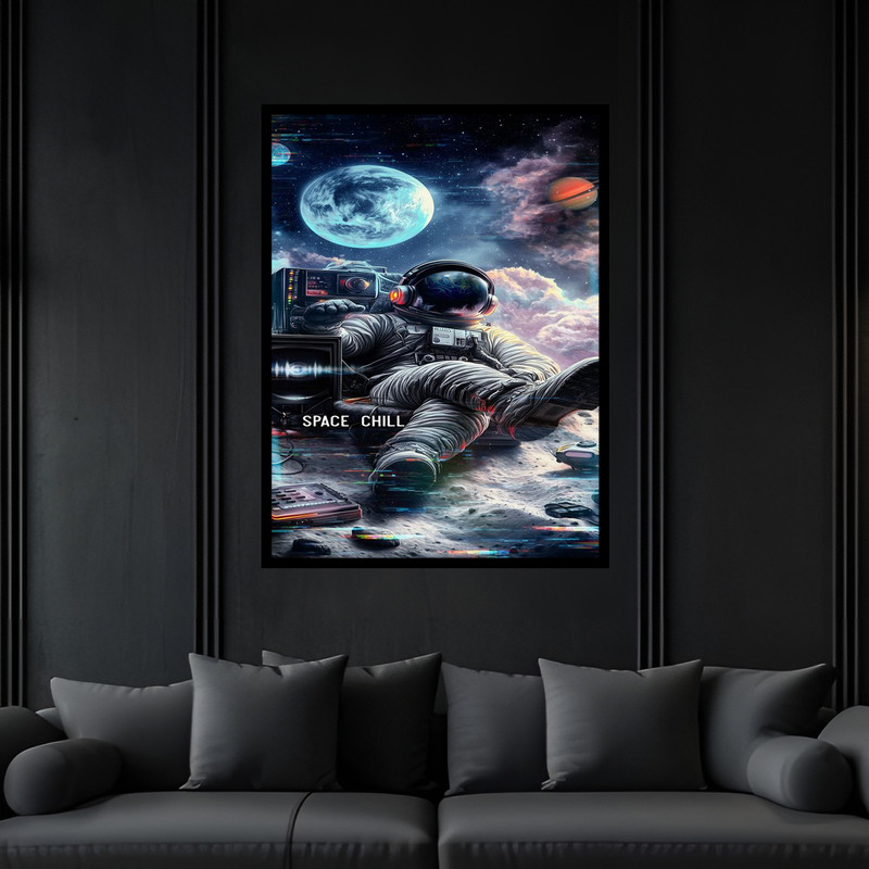 تابلو بکلیت طرح فضا و کهکشان فانتزی فضانورد مدل B-bu6249 فریم مشکی