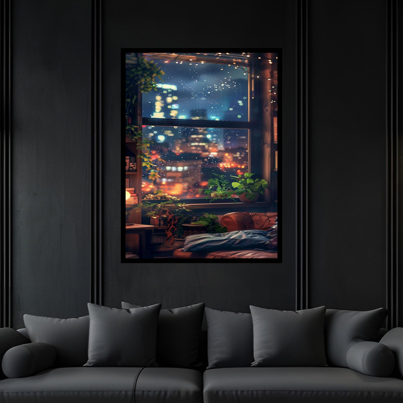 تابلو بکلیت طرح منظره شهری مدرن پنجره اتاق خانه مدل B-bu6802فریم مشکی