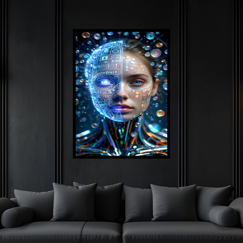 تابلو بکلیت طرح تکنولوژی و فناوری ربات انسان نما مدل B-bu7345 فریم مشکی