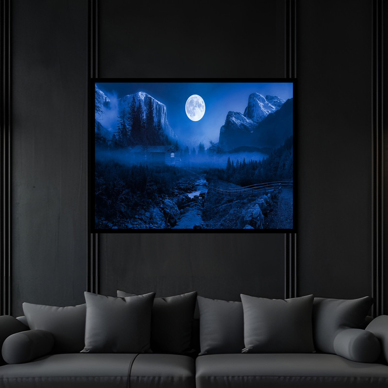 تابلو بکلیت طرح هنری دکوری آسمان شب و کره ماه کوه و کوهستان مدل B-bu6548 فریم مشکی