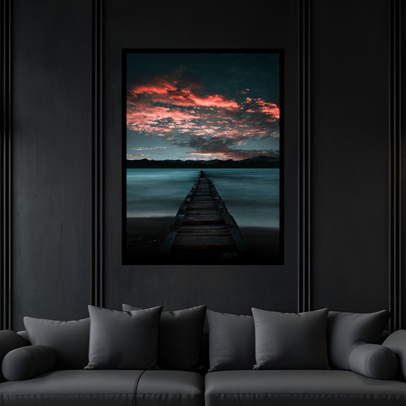 تابلو بکلیت طرح هنری دکوری مدرن منظره پل چوبی دریا و آسمان شب کهکشان و ستاره مدل B-bu6865 فریم مشکی