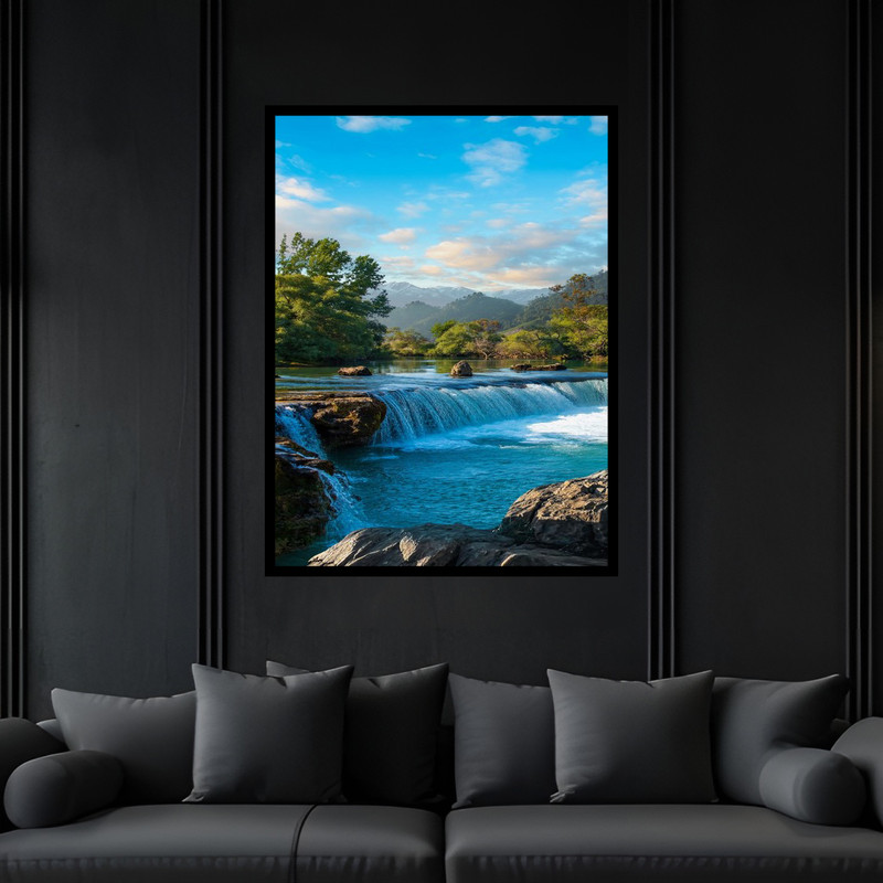 تابلو بکلیت طرح هنری طبیعت رودخانه و آبشار مدل B-bu6724 فریم مشکی