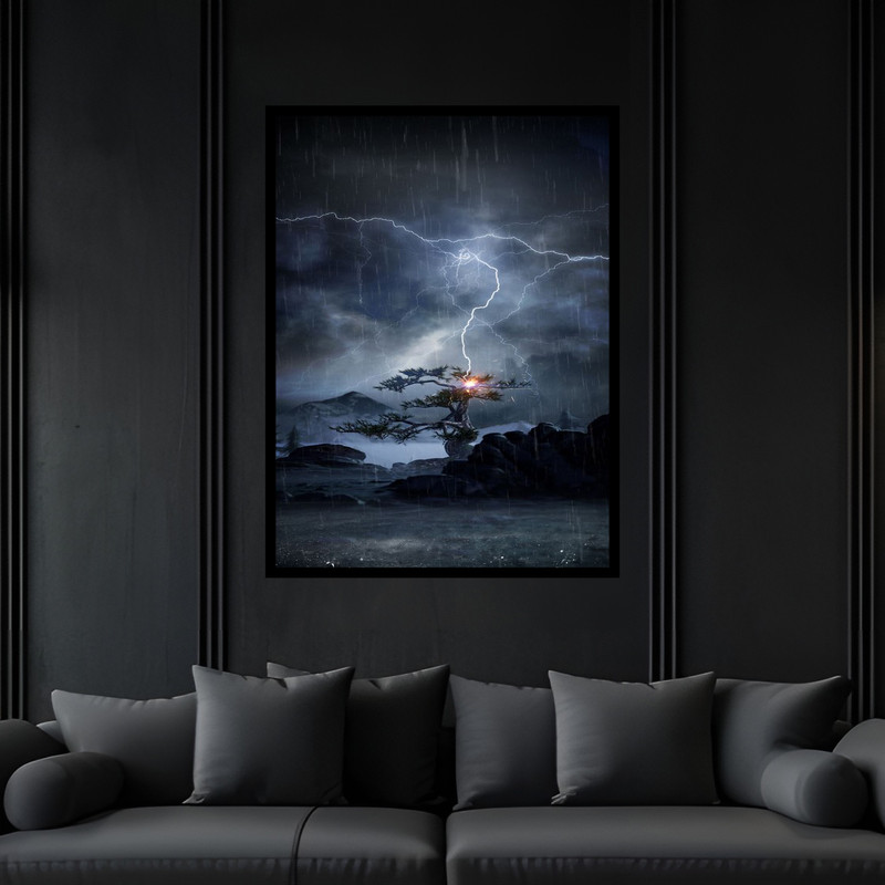 تابلو بکلیت طرح طوفان رعد و برق و درخت آتش مدل B-bu6764 فریم مشکی